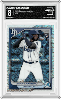 Junior Caminero from the 2024 Bowman Mega Box set graded by Arena Club and given an overall grade of 8.