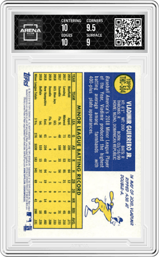 Vladimir Guerrero Jr. from the 2019 Topps Heritage HN set featuring a Purple Refractor parallel graded by Arena Club and given an overall grade of 9.5.