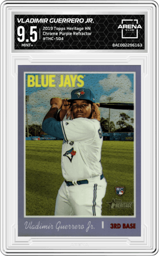 Vladimir Guerrero Jr. from the 2019 Topps Heritage HN set featuring a Purple Refractor parallel graded by Arena Club and given an overall grade of 9.5.