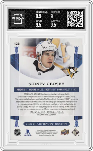 Sidney Crosby from the 2022-23 Upper Deck Artifacts set featuring a Orange parallel graded by Arena Club and given an overall grade of 9.5.