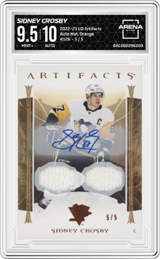 Sidney Crosby from the 2022-23 Upper Deck Artifacts set featuring a Orange parallel graded by Arena Club and given an overall grade of 9.5.