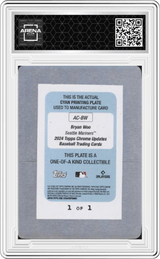Bryan Woo from the 2024 Topps Chrome Update set featuring a Cyan Printing Plate parallel graded by Arena Club.
