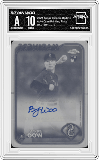 Bryan Woo from the 2024 Topps Chrome Update set featuring a Cyan Printing Plate parallel graded by Arena Club.