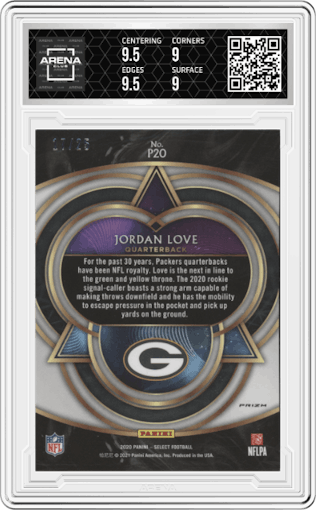 Jordan Love from the 2020 Panini Select set featuring a Tie-Dye parallel graded by Arena Club and given an overall grade of 9.5.
