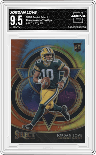 Jordan Love from the 2020 Panini Select set featuring a Tie-Dye parallel graded by Arena Club and given an overall grade of 9.5.
