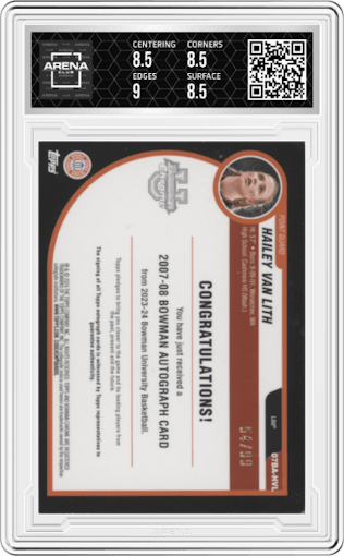 Hailey van Lith from the 2023-24 Bowman U Chrome set graded by Arena Club and given an overall grade of 8.5.