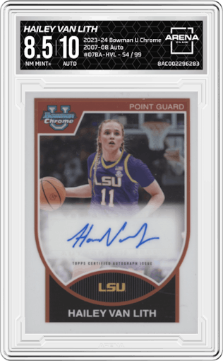 Hailey van Lith from the 2023-24 Bowman U Chrome set graded by Arena Club and given an overall grade of 8.5.