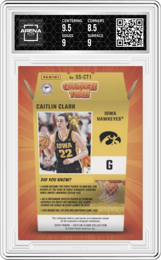 Caitlin Clark from the 2024 Panini Caitlin Clark Collection set featuring a Floating Hearts parallel graded by Arena Club and given an overall grade of 9.