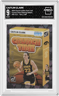 Caitlin Clark from the 2024 Panini Caitlin Clark Collection set featuring a Floating Hearts parallel graded by Arena Club and given an overall grade of 9.
