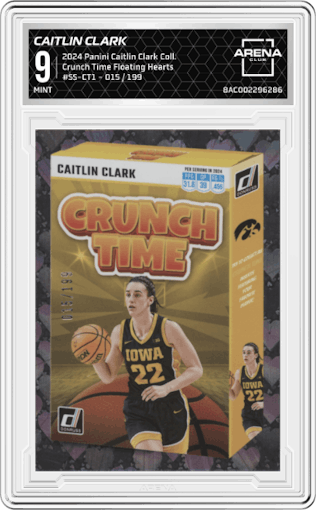 Caitlin Clark from the 2024 Panini Caitlin Clark Collection set featuring a Floating Hearts parallel graded by Arena Club and given an overall grade of 9.