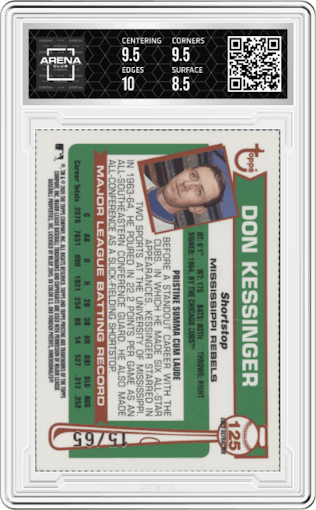 Don Kessinger from the 2005 Topps Pristine Legends set featuring a Gold Refractor parallel graded by Arena Club and given an overall grade of 9.