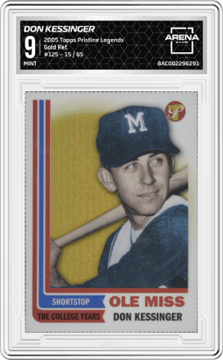 Don Kessinger from the 2005 Topps Pristine Legends set featuring a Gold Refractor parallel graded by Arena Club and given an overall grade of 9.