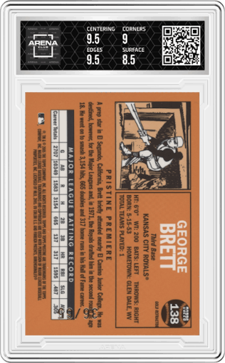 George Brett  from the 2005 Topps Pristine Legends set featuring a Gold Refractor parallel graded by Arena Club and given an overall grade of 9.