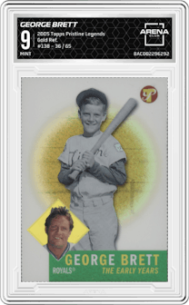 George Brett  from the 2005 Topps Pristine Legends set featuring a Gold Refractor parallel graded by Arena Club and given an overall grade of 9.