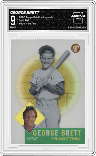 George Brett  from the 2005 Topps Pristine Legends set featuring a Gold Refractor parallel graded by Arena Club and given an overall grade of 9.