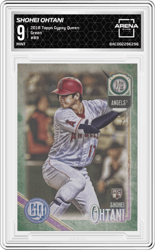 Shohei Ohtani from the 2018 Topps Gypsy Queen set featuring a Green parallel graded by Arena Club and given an overall grade of 9.