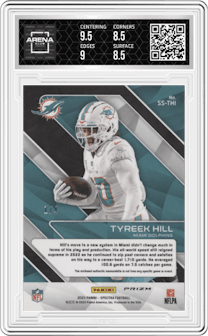 Tyreek Hill from the 2023 Panini Spectra set featuring a Neon Marble parallel graded by Arena Club and given an overall grade of 9.