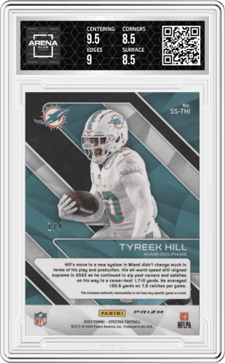 Tyreek Hill from the 2023 Panini Spectra set featuring a Neon Marble parallel graded by Arena Club and given an overall grade of 9.
