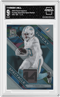 Tyreek Hill from the 2023 Panini Spectra set featuring a Neon Marble parallel graded by Arena Club and given an overall grade of 9.