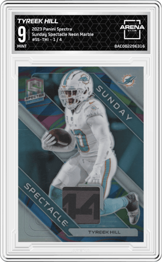 Tyreek Hill from the 2023 Panini Spectra set featuring a Neon Marble parallel graded by Arena Club and given an overall grade of 9.