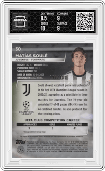 Matias Soule from the 2022-23 Topps Stadium Club Chrome UEFA Club set graded by Arena Club and given an overall grade of 9.5.