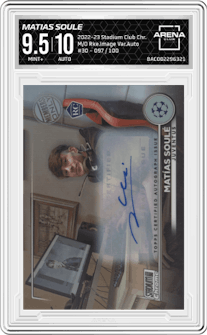 Matias Soule from the 2022-23 Topps Stadium Club Chrome UEFA Club set graded by Arena Club and given an overall grade of 9.5.