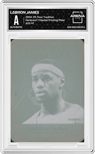 Lebron James from the 2004-05 Fleer Tradition  set featuring a Printing Plate parallel graded by Arena Club.