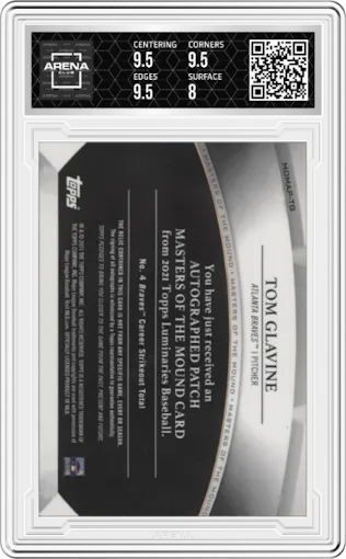 Tom Glavine from the 2021 Topps Luminaries set graded by Arena Club and given an overall grade of 8.5.