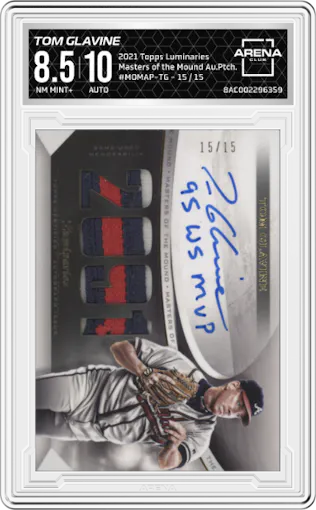 Tom Glavine from the 2021 Topps Luminaries set graded by Arena Club and given an overall grade of 8.5.