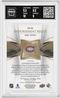 Saku Koivu from the 2020-21 Upper Deck The Cup set graded by Arena Club and given an overall grade of 9.5.