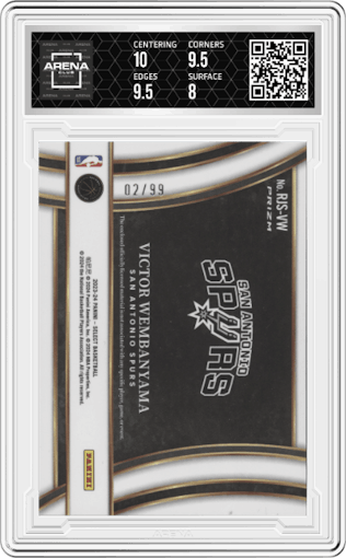 Victor Wembanyama from the 2023-24 Panini Select  set featuring a Purple parallel graded by Arena Club and given an overall grade of 8.5.