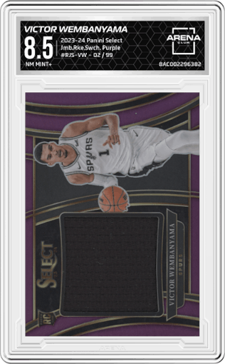 Victor Wembanyama from the 2023-24 Panini Select  set featuring a Purple parallel graded by Arena Club and given an overall grade of 8.5.