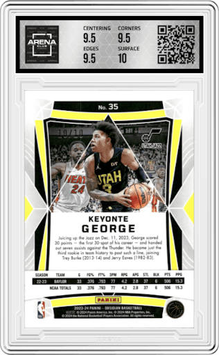 Keyonte George from the 2023-24 Panini Obsidian set featuring a Electric Etch Molten Mojo parallel graded by Arena Club and given an overall grade of 10.