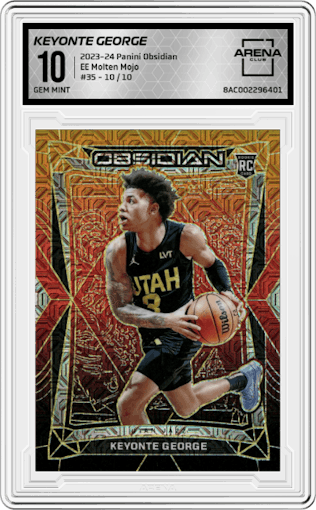 Keyonte George from the 2023-24 Panini Obsidian set featuring a Electric Etch Molten Mojo parallel graded by Arena Club and given an overall grade of 10.