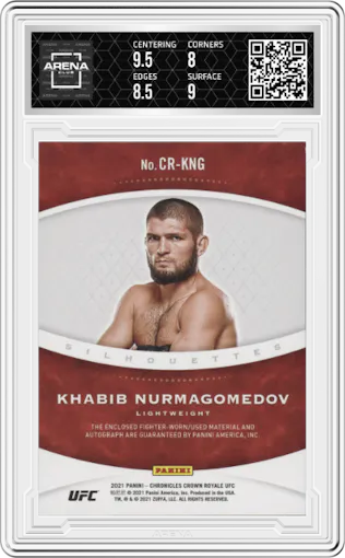 Khabib Nurmagomedov from the 2021 Panini Chronicles UFC set graded by Arena Club and given an overall grade of 8.5.