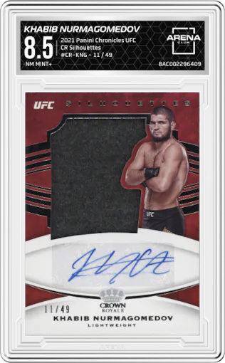 Khabib Nurmagomedov from the 2021 Panini Chronicles UFC set graded by Arena Club and given an overall grade of 8.5.