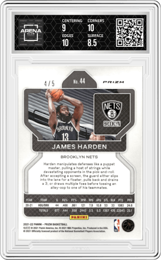 James Harden from the 2021-22 Panini Prizm  set featuring a Green Shimmer parallel graded by Arena Club and given an overall grade of 9.