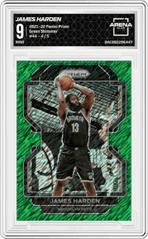 James Harden from the 2021-22 Panini Prizm  set featuring a Green Shimmer parallel graded by Arena Club and given an overall grade of 9.