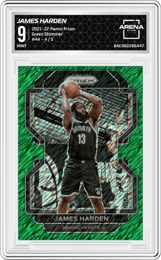 James Harden from the 2021-22 Panini Prizm  set featuring a Green Shimmer parallel graded by Arena Club and given an overall grade of 9.