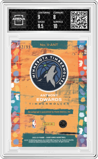 Anthony Edwards from the 2023-24 Panini Court Kings set graded by Arena Club and given an overall grade of 8.5.