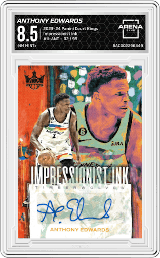 Anthony Edwards from the 2023-24 Panini Court Kings set graded by Arena Club and given an overall grade of 8.5.