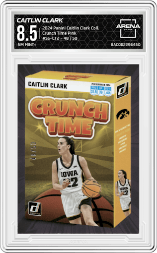 Caitlin Clark from the 2024 Panini Caitlin Clark Collection set featuring a Pink parallel graded by Arena Club and given an overall grade of 8.5.