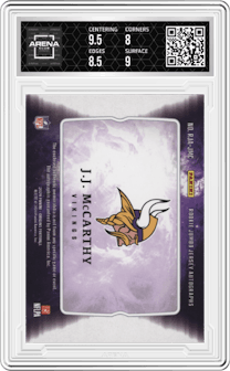 J.J. McCarthy from the 2024 Panini Origins set featuring a Orange parallel graded by Arena Club and given an overall grade of 8.5.