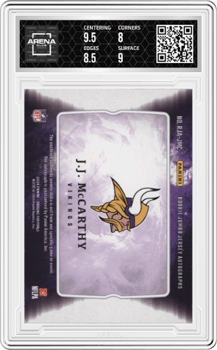 J.J. McCarthy from the 2024 Panini Origins set featuring a Orange parallel graded by Arena Club and given an overall grade of 8.5.