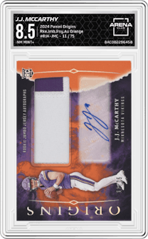 J.J. McCarthy from the 2024 Panini Origins set featuring a Orange parallel graded by Arena Club and given an overall grade of 8.5.