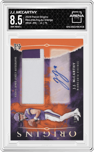 J.J. McCarthy from the 2024 Panini Origins set featuring a Orange parallel graded by Arena Club and given an overall grade of 8.5.