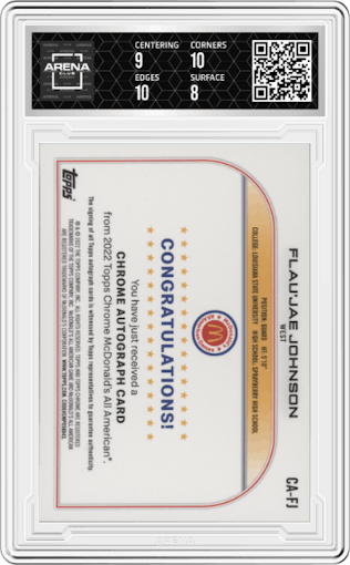 Flau’jae Johnson from the 2022 Topps Chrome McDonald’s All-American set graded by Arena Club and given an overall grade of 8.5.