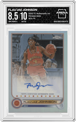 Flau’jae Johnson from the 2022 Topps Chrome McDonald’s All-American set graded by Arena Club and given an overall grade of 8.5.