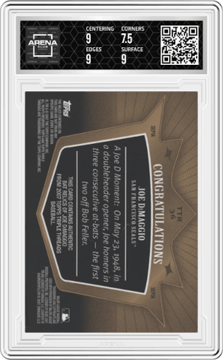 Joe DiMaggio from the 2007 Topps Triple Threads set featuring a Sepia parallel graded by Arena Club and given an overall grade of 8.
