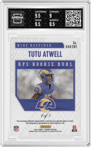 Tutu Atwell from the 2021 Panini Phoenix set featuring a Super Prime parallel graded by Arena Club and given an overall grade of 9.